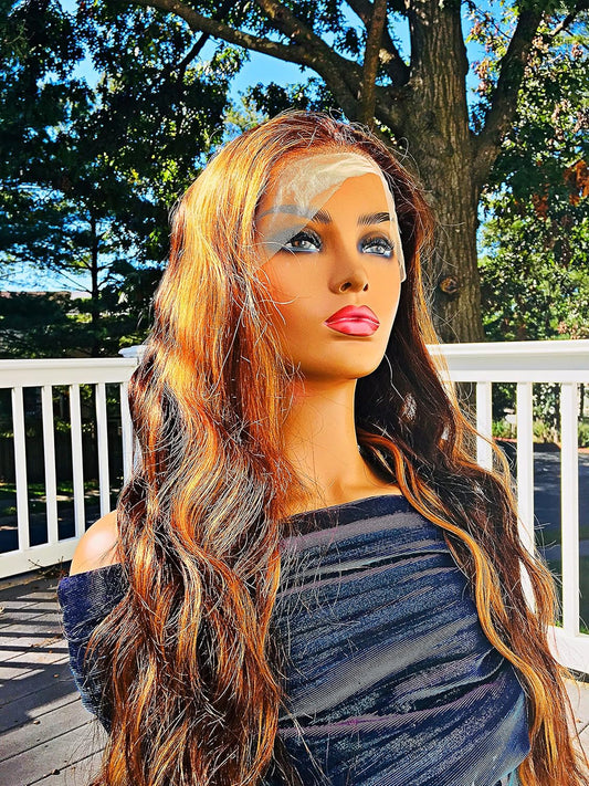 Human Hair Wig 13X4 Transparent Lace Wig Highlight Color Body Wave 26 Inches 180% Density